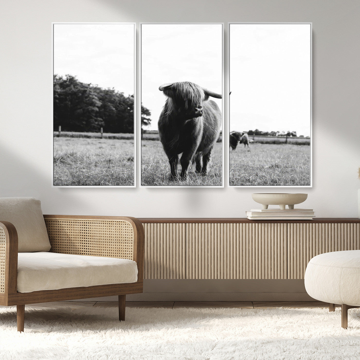 MGV-FC-48X32-3P - Black and White Highland Cow Wall Art Canvas Print | Rustic Western Decor for Living Room or Office,
