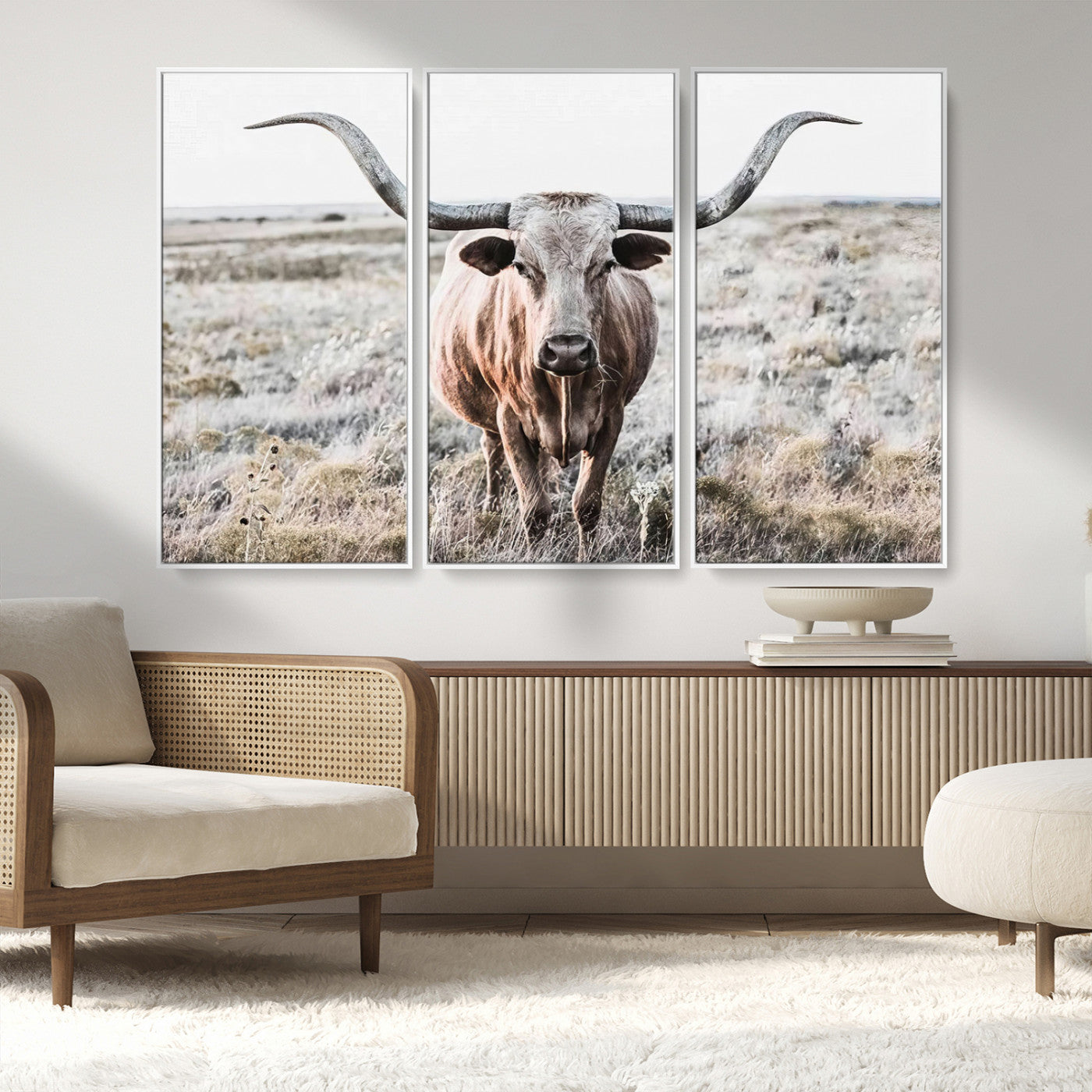 -Rustic Texas Longhorn Wall Art Canvas Print | Western Farmhouse Decor for Living Room or Office,