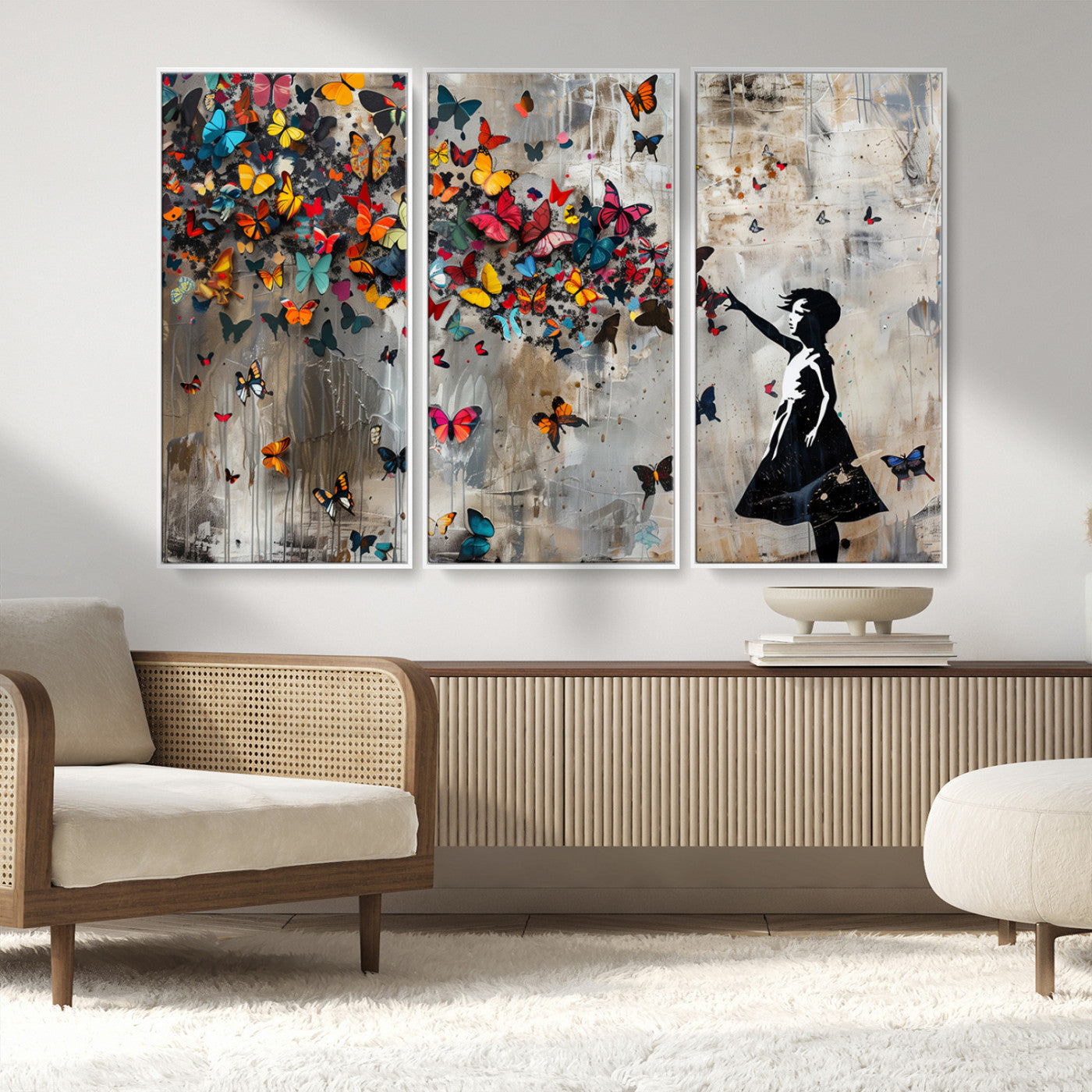 MGV-FC-48X32-3P - Banksy Wall Art - Banksy Girl and Butterfly Explosion Wall Art Canvas Print | Girl with Butterflies