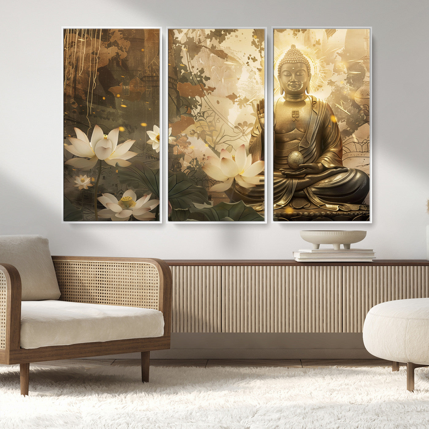 MGV-FC-48X32-3P - Zen Buddha Wall Art Canvas Print | Peaceful Meditation Decor with Lotus Flowers | Spiritual Serenity