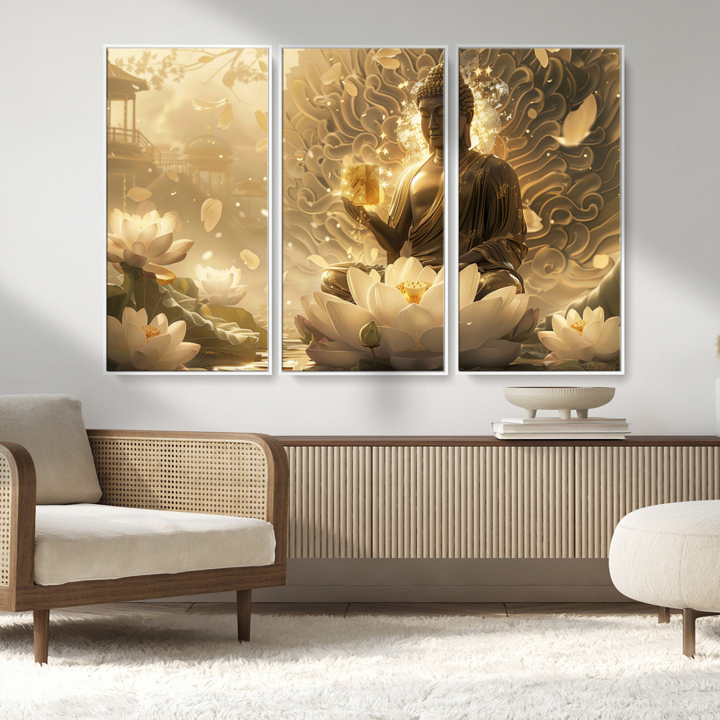 MGV-FC-48X32-3P - Golden Buddha Wall Art | Yoga Room Decor and Meditation Room Wall Art | Framed and Ready to Hang