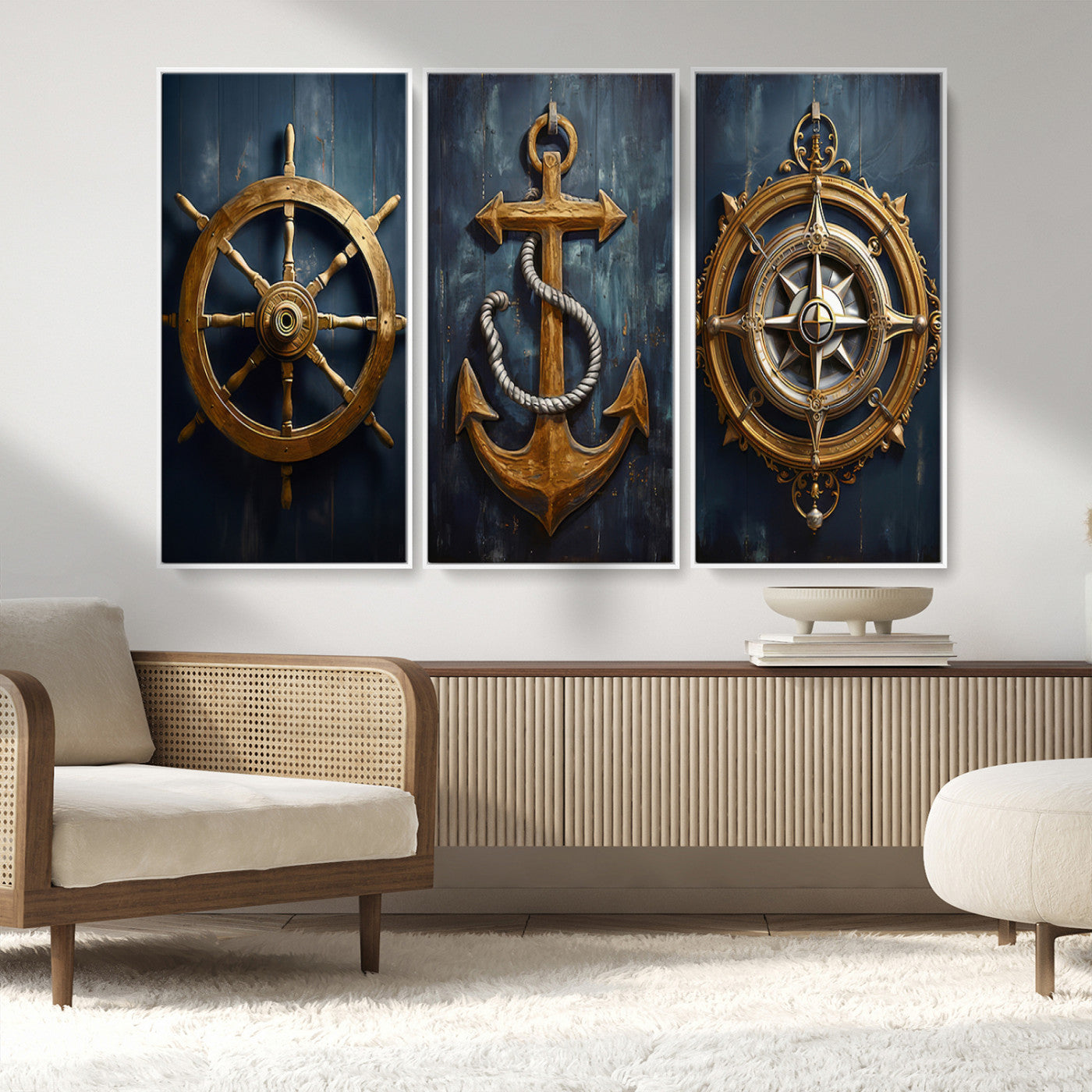 MGV-FC-48X32-3P - Boat Anchor Compass With Rope Wall Art Canvas Print | Beach House Wall Art