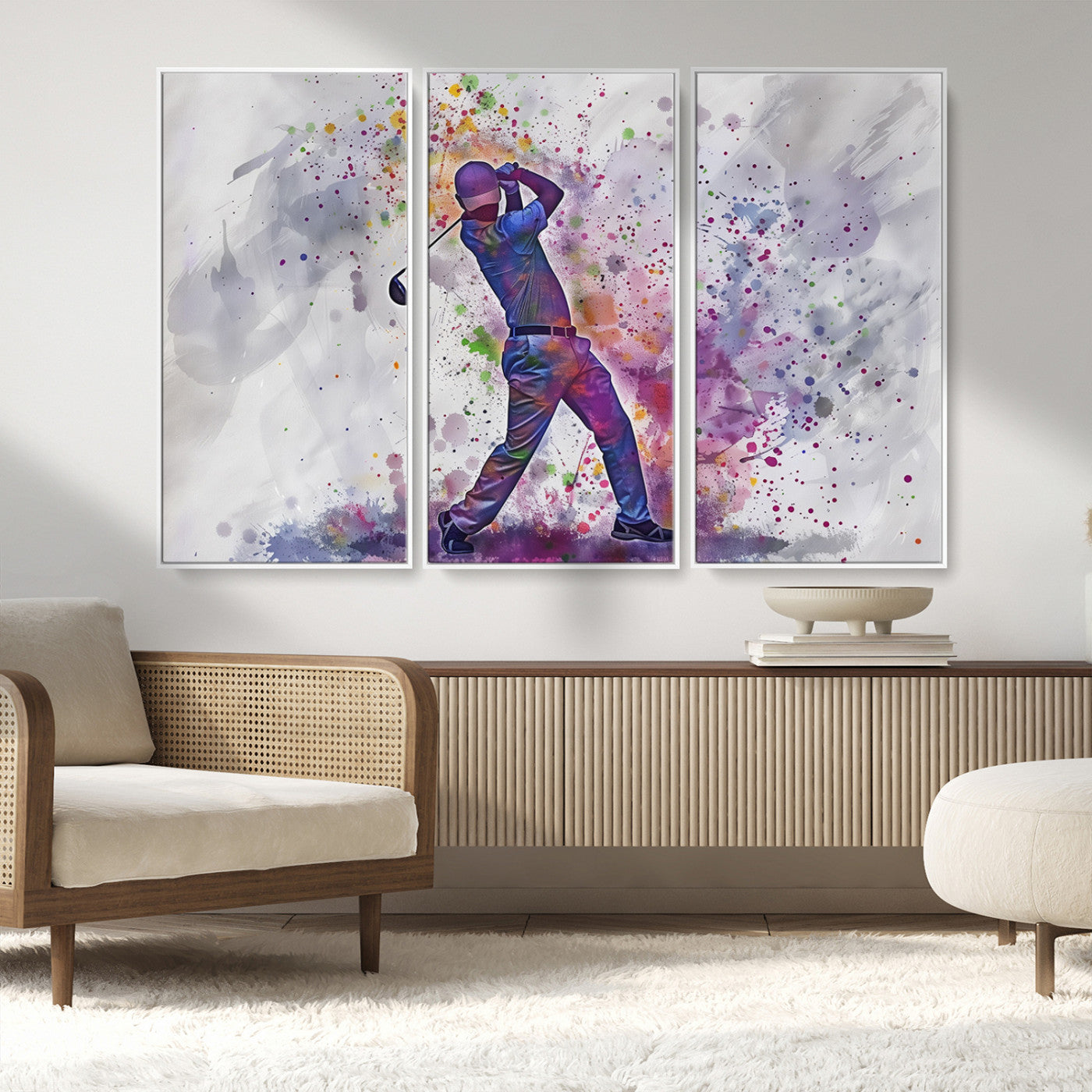 MGV-FC-48X32-3P - Watercolor Golf Swing Wall Art Canvas Print | Vibrant Abstract Golf Player Silhouette |