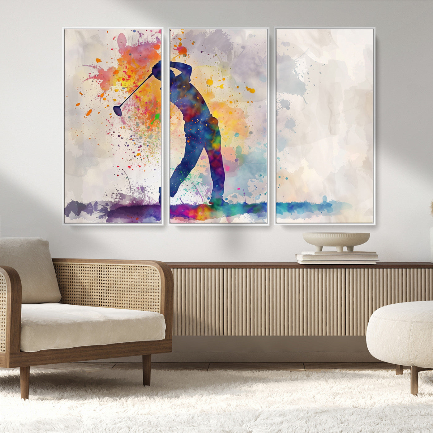 MGV-FC-48X32-3P - Watercolor Golf Swing Wall Art Canvas Print | Vibrant Abstract Golf Player Silhouette |