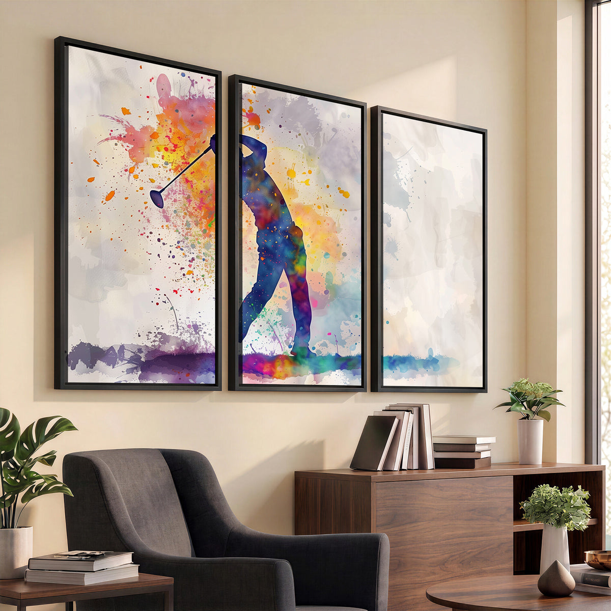 89625-MGV-CV-36X24 - Vibrant Watercolor Golf Swing Wall Art Canvas Print | Extra Large 3 Piece Canvas Wall Art