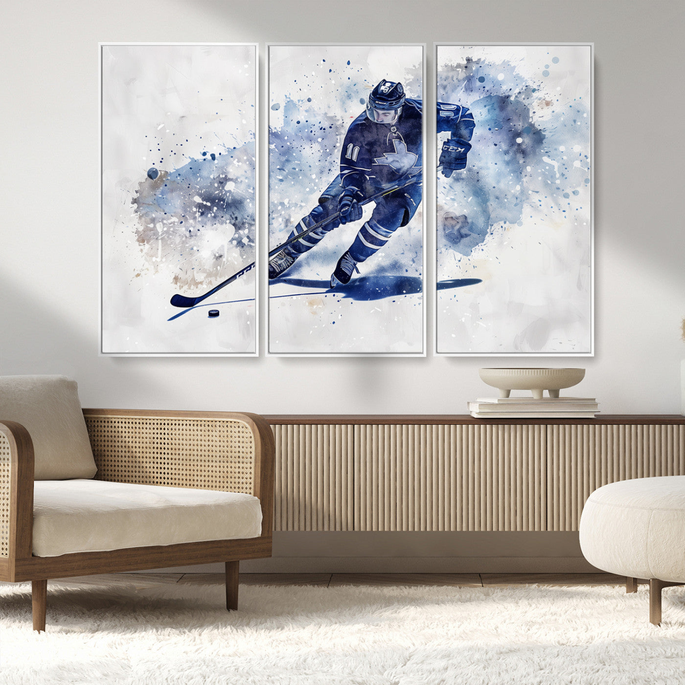 MGV-FC-48X32-3P - Hockey Player Wall Art Canvas Print - Sports-Inspired Watercolor Decor - Ready to Hang