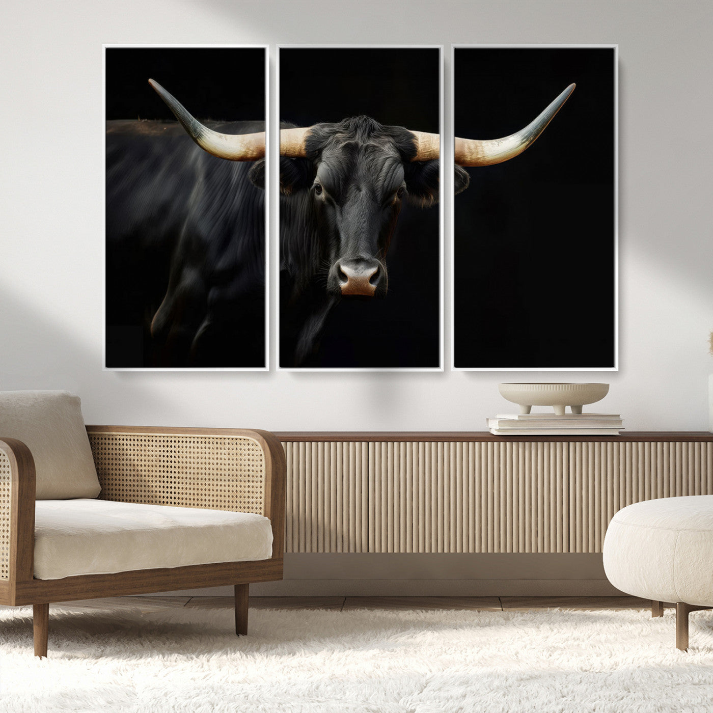 MGV-FC-48X32-3P - Texas Longhorn Cow | Majestic Black Bull Wall Art Canvas Print - Farmhouse Animal Decor - Ready to
