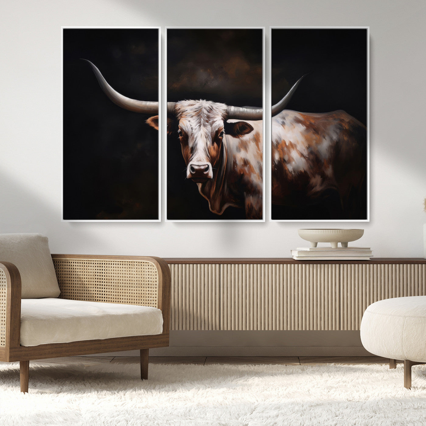 82543-MGV-FC-48X32-3P_White-Texas Longhorn Wall Art Canvas Print | Western Ranch Decor | Bold Rustic Cattle Artwork | Ready to