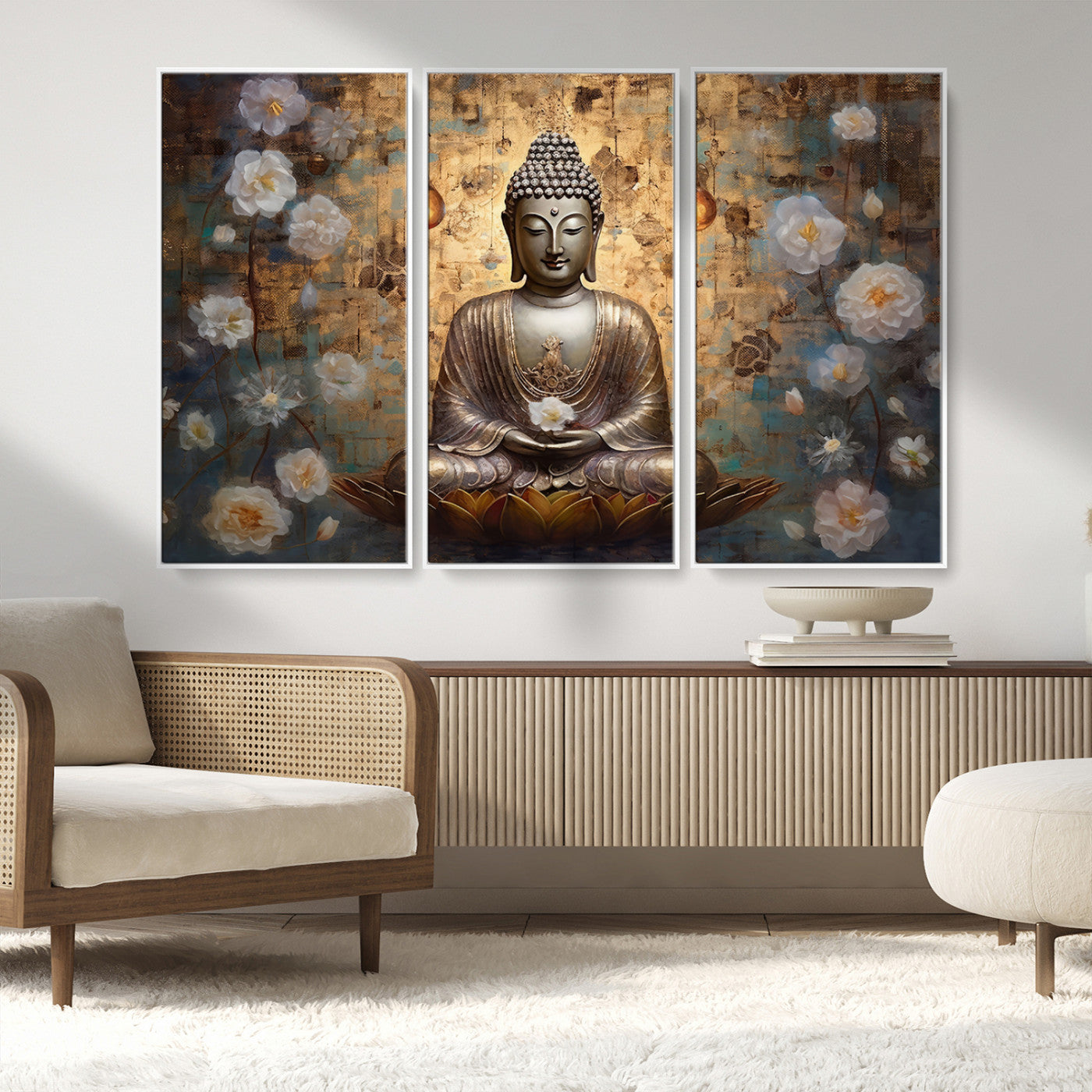 MGV-FC-48X32-3P - Golden Buddha Wall Art Canvas Print | Zen Meditation Floral Decor | Tranquil Spiritual Home Art |