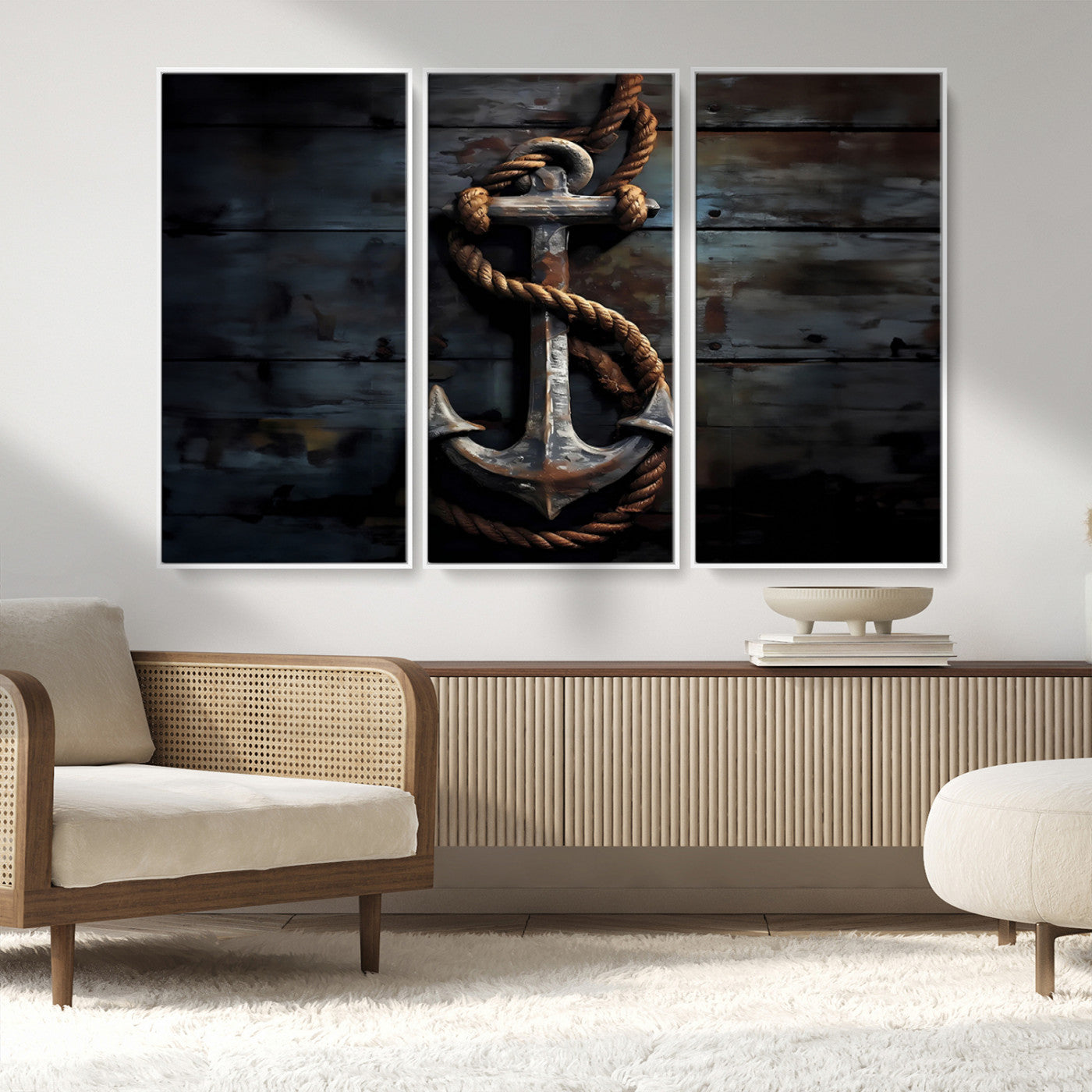 MGV-FC-48X32-3P - 3 Panel Grunge Abstract Anchor Wall Art Canvas Print Set