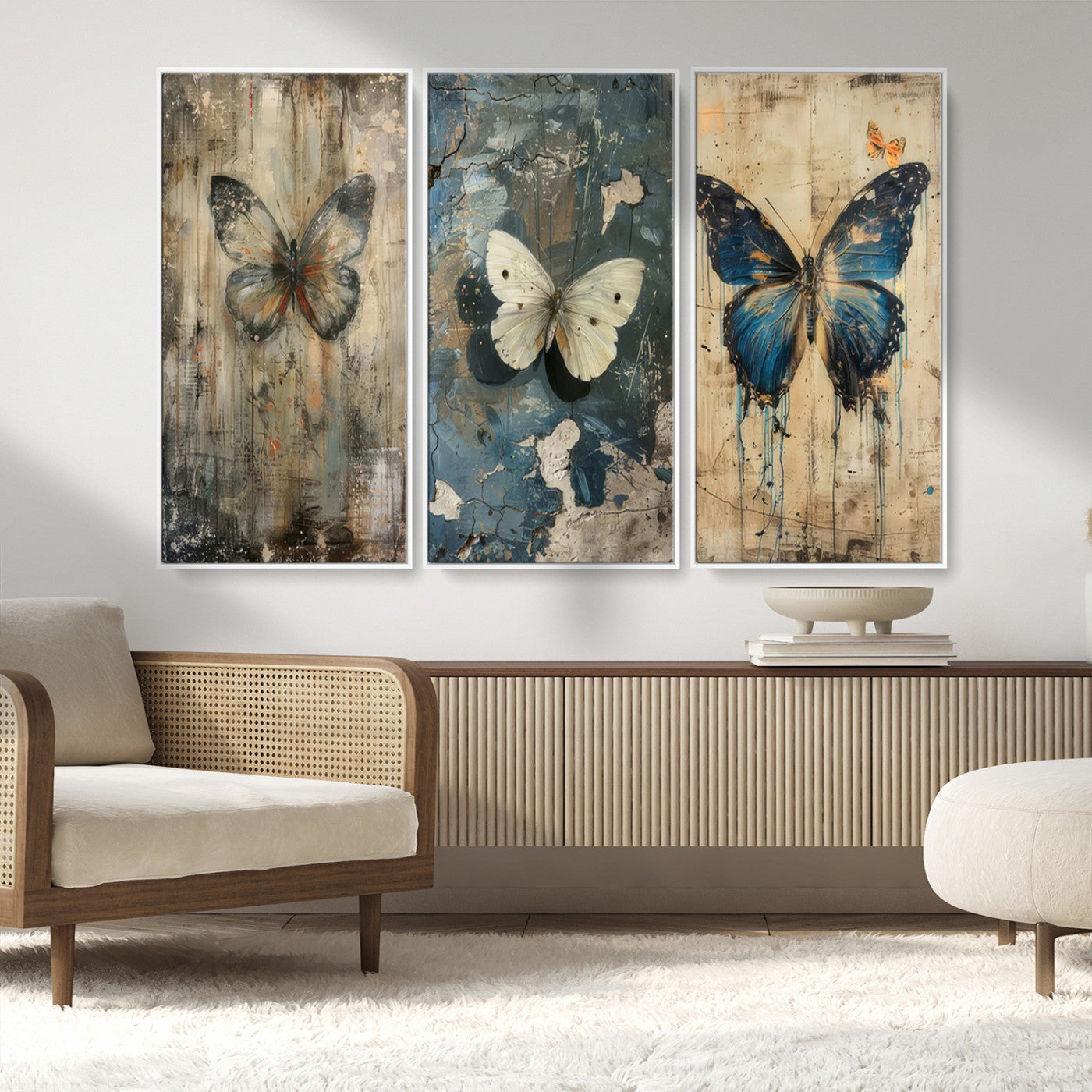 MGV-FC-48X32-3P - Butterfly Wall Art Trio | Vintage Butterfly Canvas Print | Ready to Hang Framed Artwork for