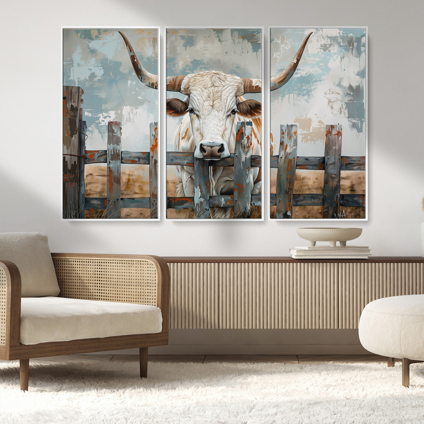 MGV-FC-48X32-3P - Vintage Cow Wall Art Canvas Print for Farmhouse Wall Decor Theme, Cattle Wall Art Print