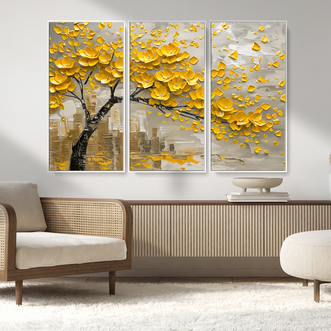 MGV-FC-48X32-3P - Yellow Blossom Tree Canvas Wall Art - Floral Abstract Modern Contemporary Artwork for Living Room or