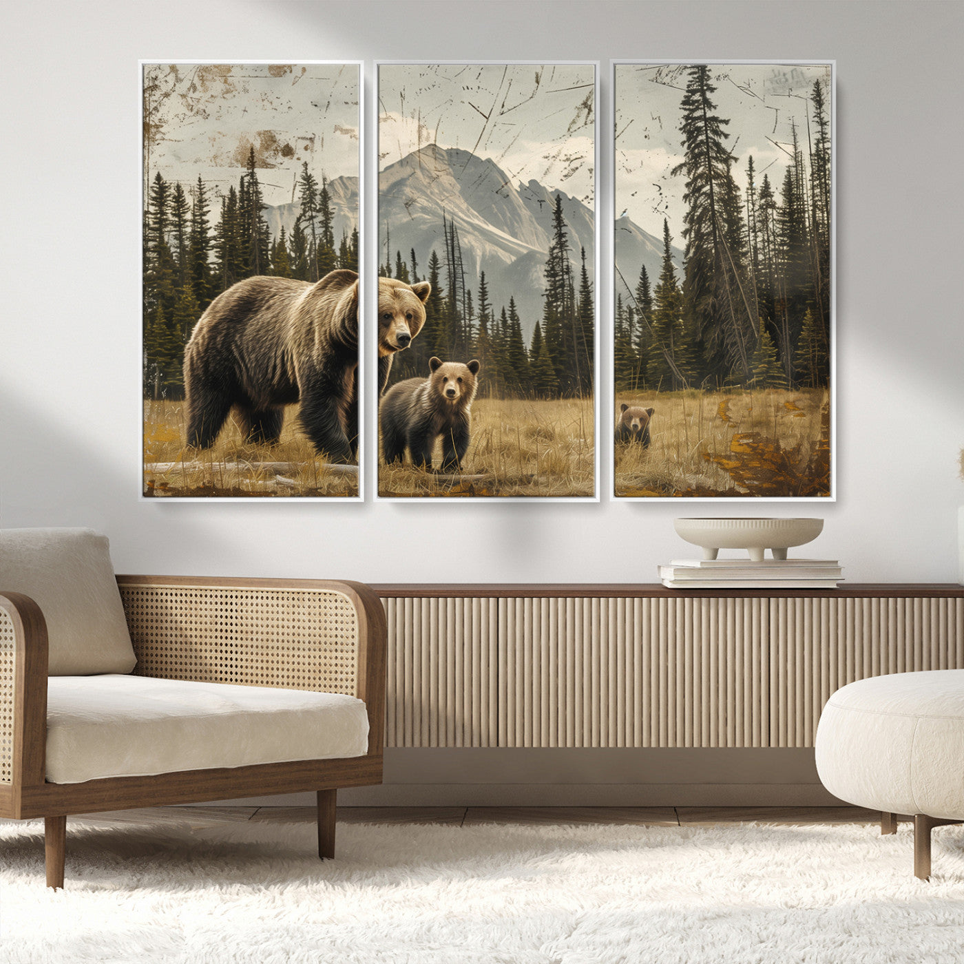 MGV-FC-48X32-3P - Rustic Grizzly 399 Bear Family Wall Art Canvas Print