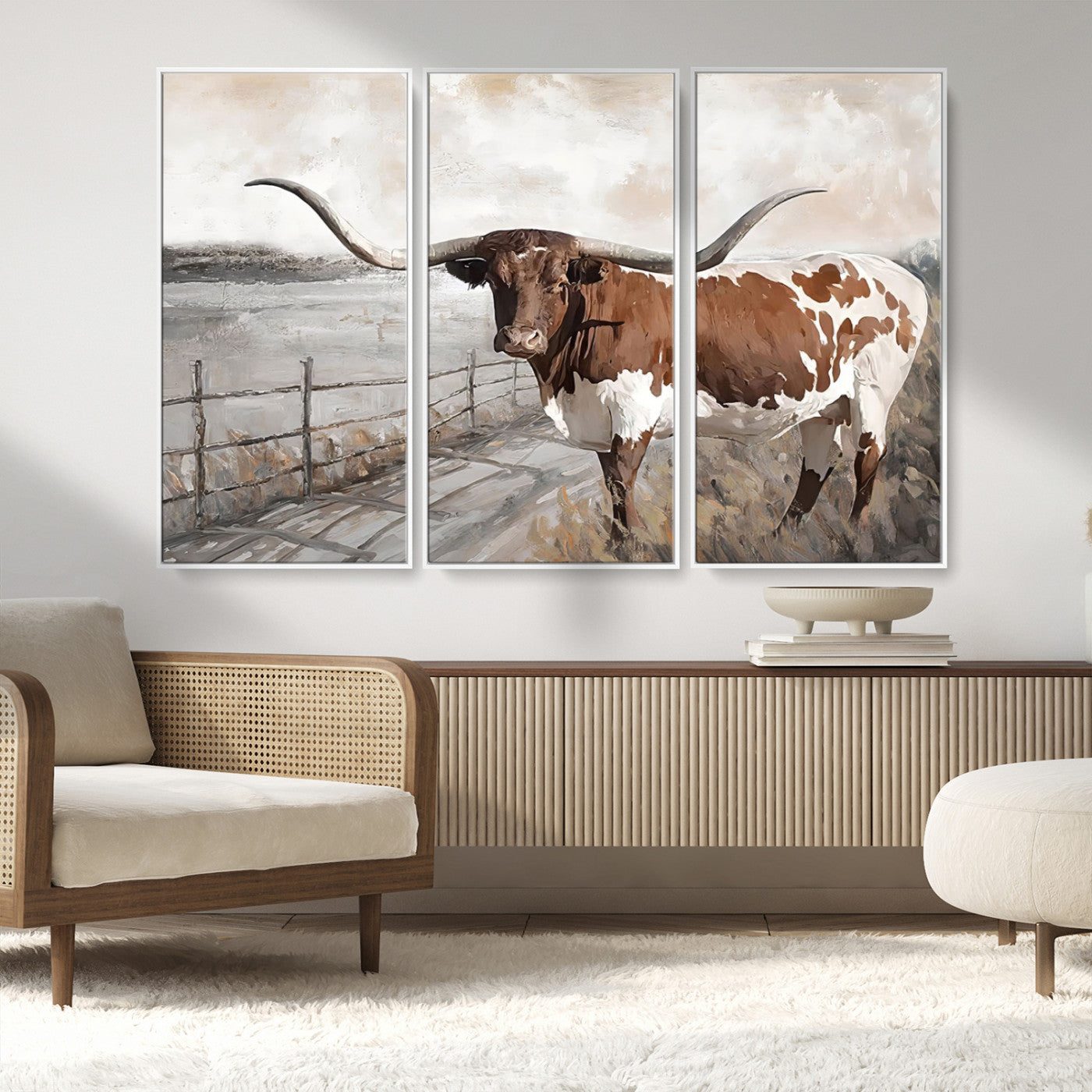 57340-MGV-FC-48X32-3P_White-Vintage Texas Cow Wall Art Canvas Print, Rustic Longhorn Wall Art | Canvas Print for Farmhouse Decor