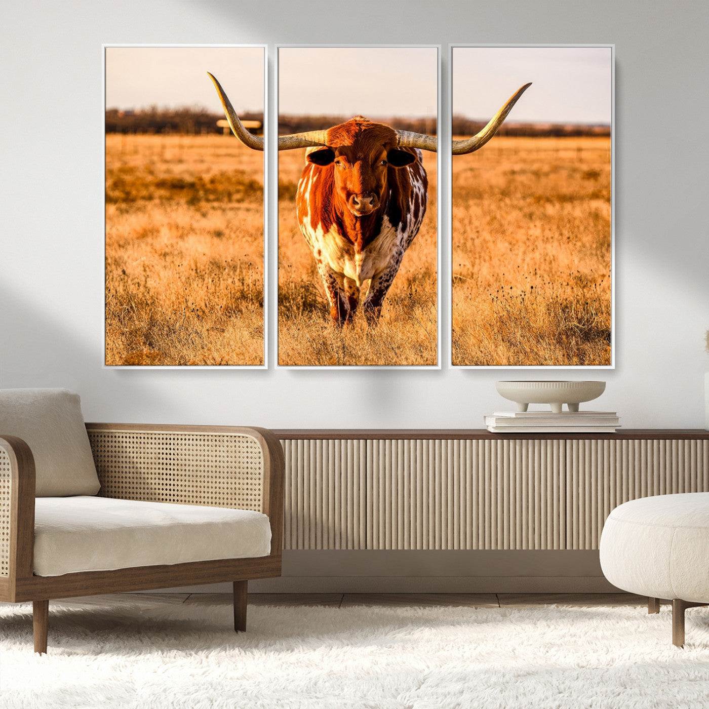 MGV-FC-48X32-3P - Longhorn Cow Wall Art | Ready to Hang Framed Canvas Print for Farmhouse and Barn Decor