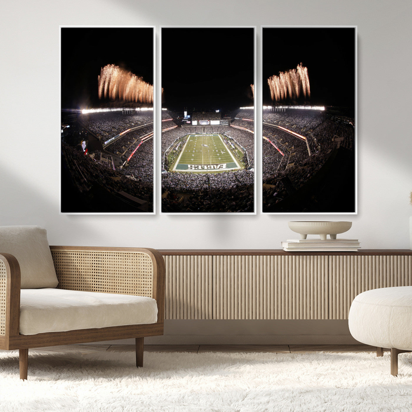 48893-MGV-FC-48X32-3P_White-Eagles Field Stadium Wall Art - Lincoln Financial Field Fireworks Game Triple Canvas Wall Art -