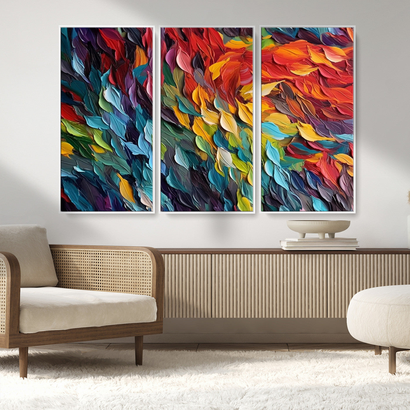 41557-MGV-FC-48X32-3P_White-Vibrant Abstract Leaf Wall Art Canvas Print | Bold Colorful Canvas for Living Room or Office | Ready