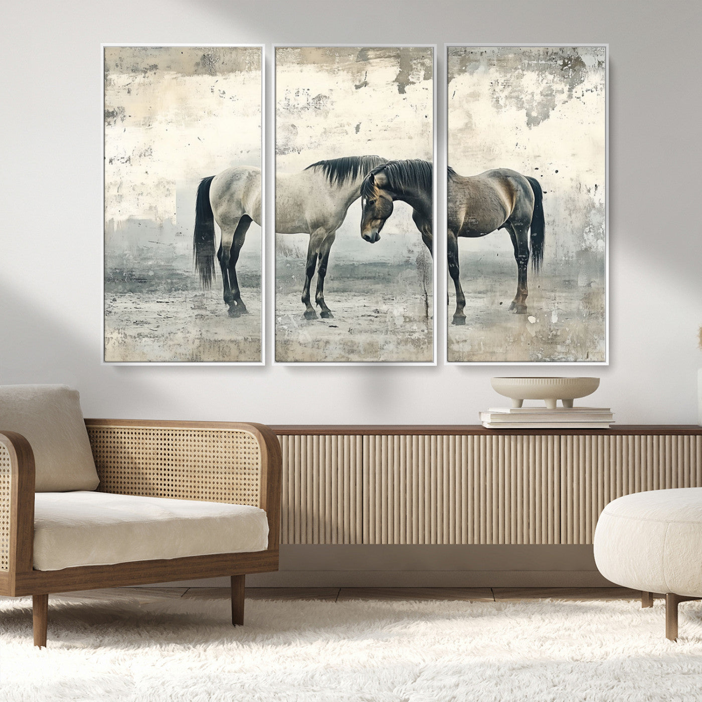 MGV-FC-48X32-3P - Chines Style Majestic Horses Wall Art | Ready to Hang and Framed Triptych Print | Western Farmhouse