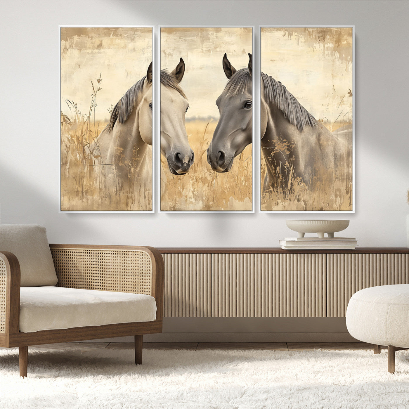 MGV-FC-48X32-3P - Chines Ink Style Grunge Horses Wall Art Canvas Print