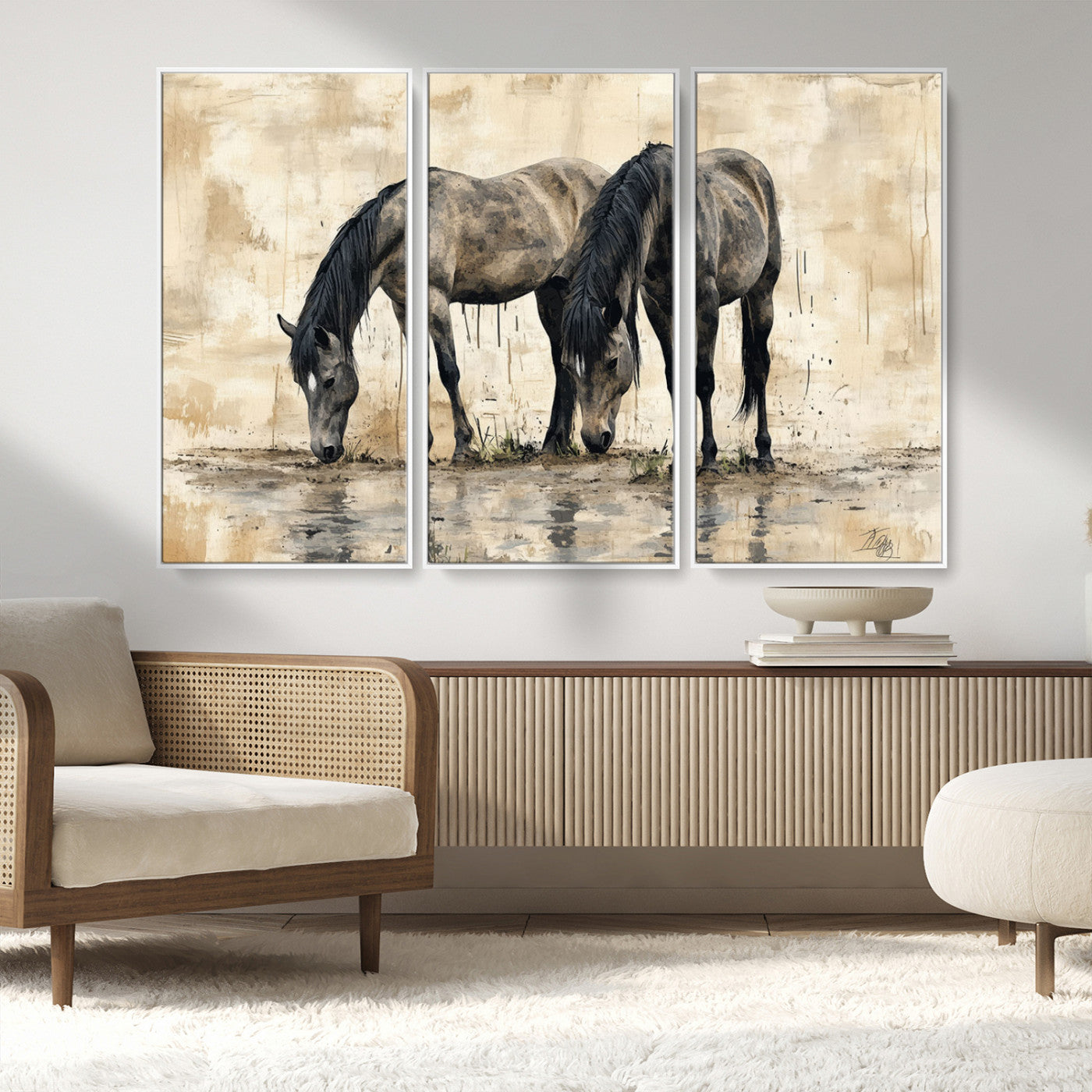 MGV-FC-48X32-3P - Chinese Style Abstract Black Horses Wall Art Canvas Print - Abstract Horse Wall Art Canvas Print