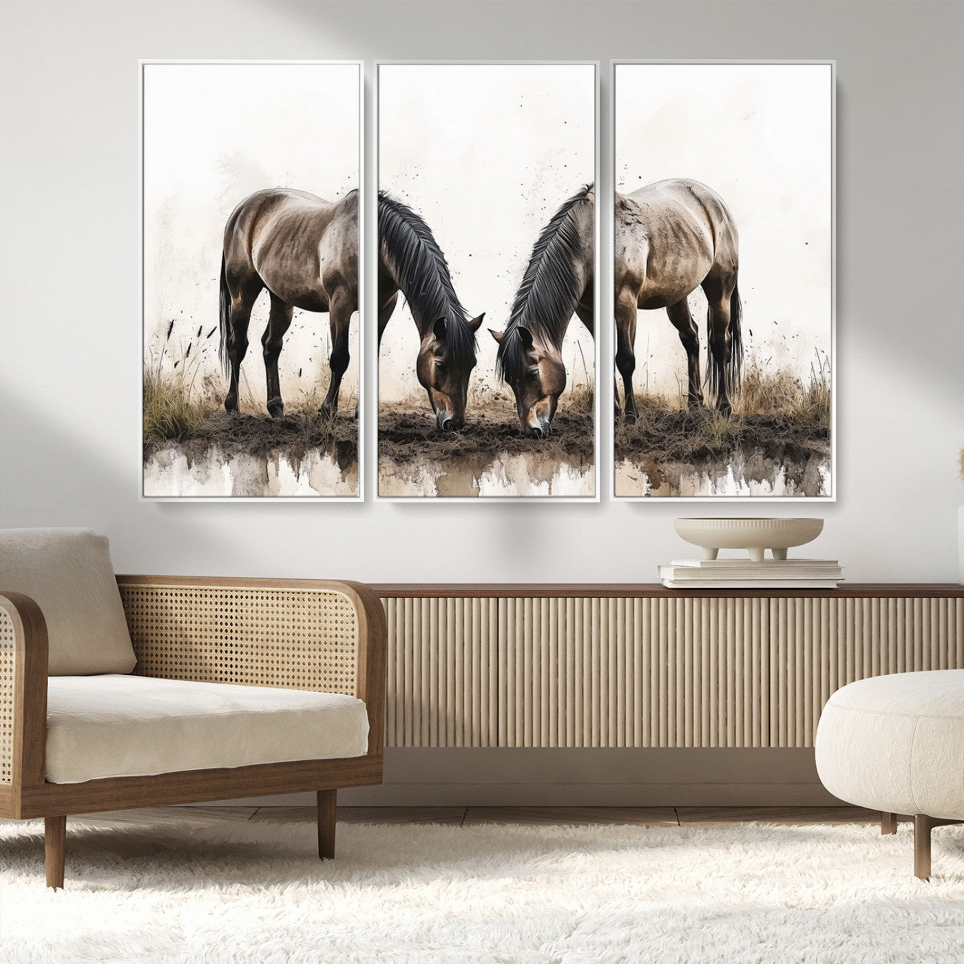 MGV-FC-48X32-3P - Chines Ink Style Horses Wall Art Canvas Print
