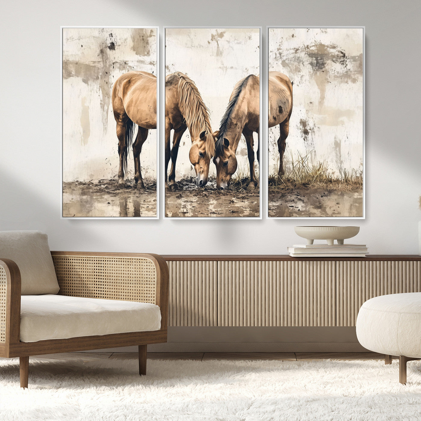 MGV-FC-48X32-3P - Vintage Horses Wall Art | Ready to Hang and Framed Triptych | Western Farmhouse Wall Decor for