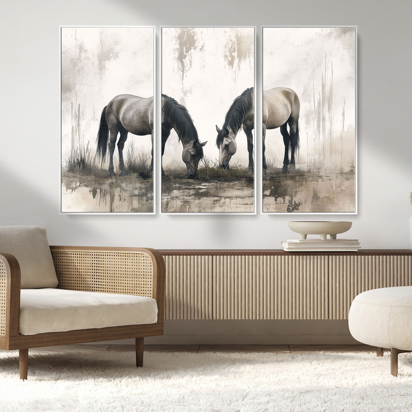 MGV-FC-48X32-3P - Chines Ink Style Vintage Horses Wall Art Canvas Print for Farmhouse Wall Decor
