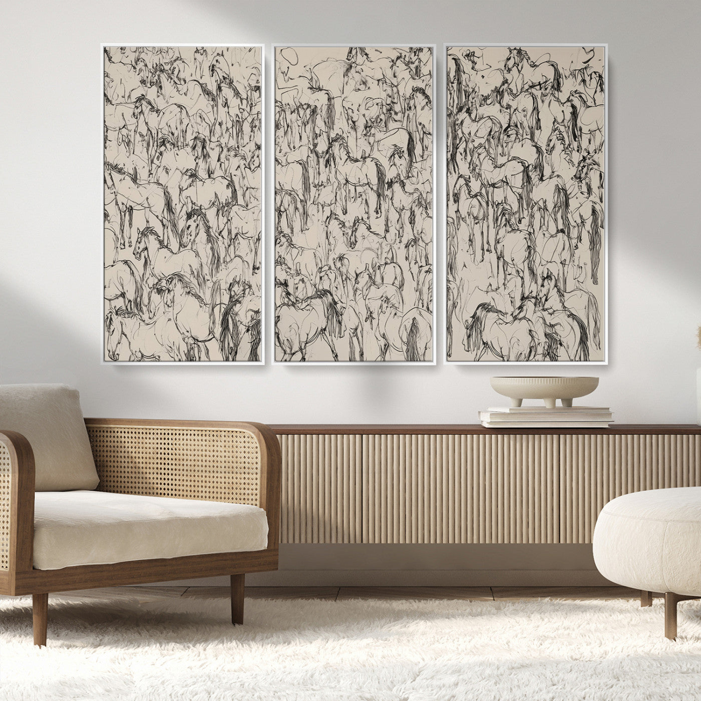 MGV-FC-48X32-3P - Abstract Horse Sketch Wall Art | Ready to Hang and Framed | Farmhouse Wall Decor for Living Room or
