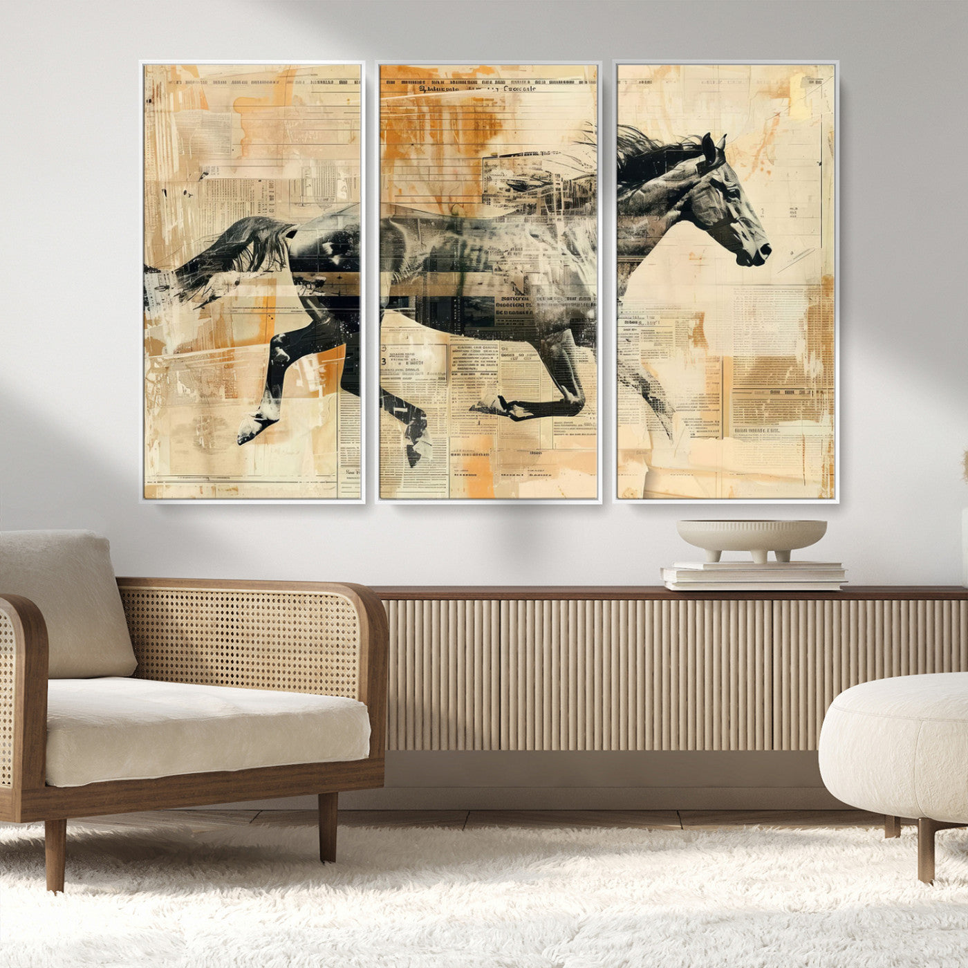 MGV-FC-48X32-3P - Chines Style Running Horse Western Wall Art | Farmhouse Wall Decor | Ready to Hang Framed Canvas