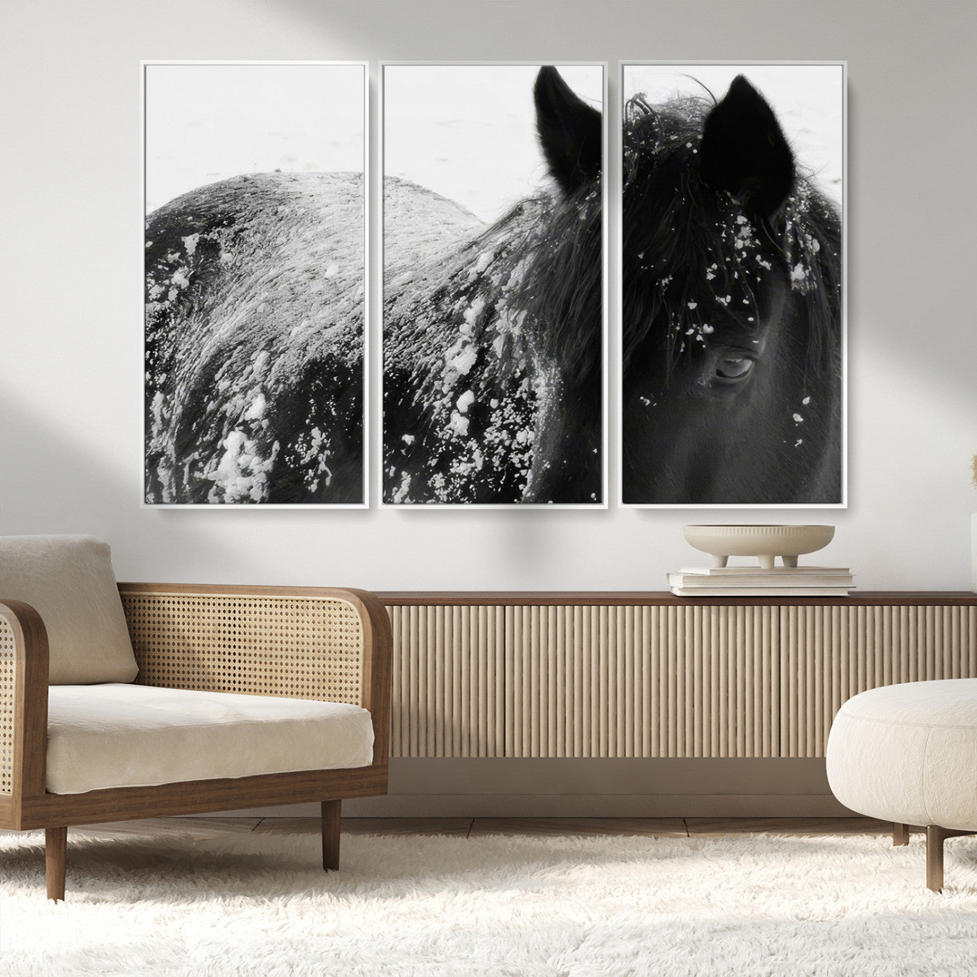 MGV-FC-48X32-3P - Black Horse in Snow Canvas Print | Winter Horse Wall Art | Ready to Hang and Framed | Farmhouse Wall