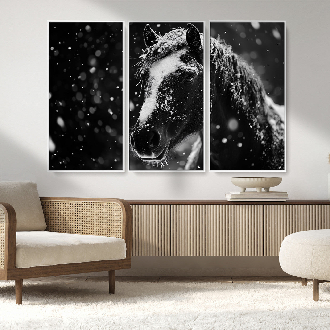 MGV-FC-48X32-3P - Winter Horse Wall Art | Black and White Horse Print | Ready to Hang and Framed | Farmhouse Wall Art