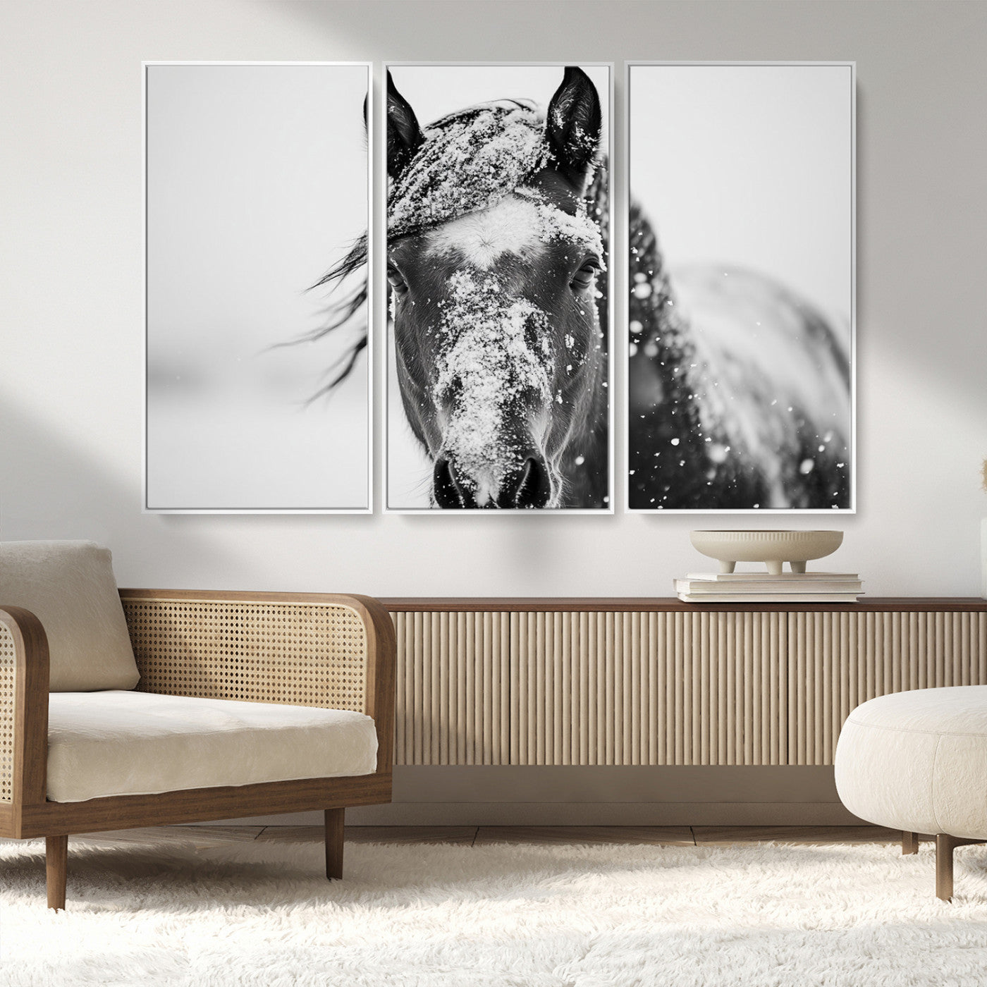MGV-FC-48X32-3P - Western Wall Art | Black and White Winter Horse Wall Art | Ready to Hang and Framed | Farmhouse and