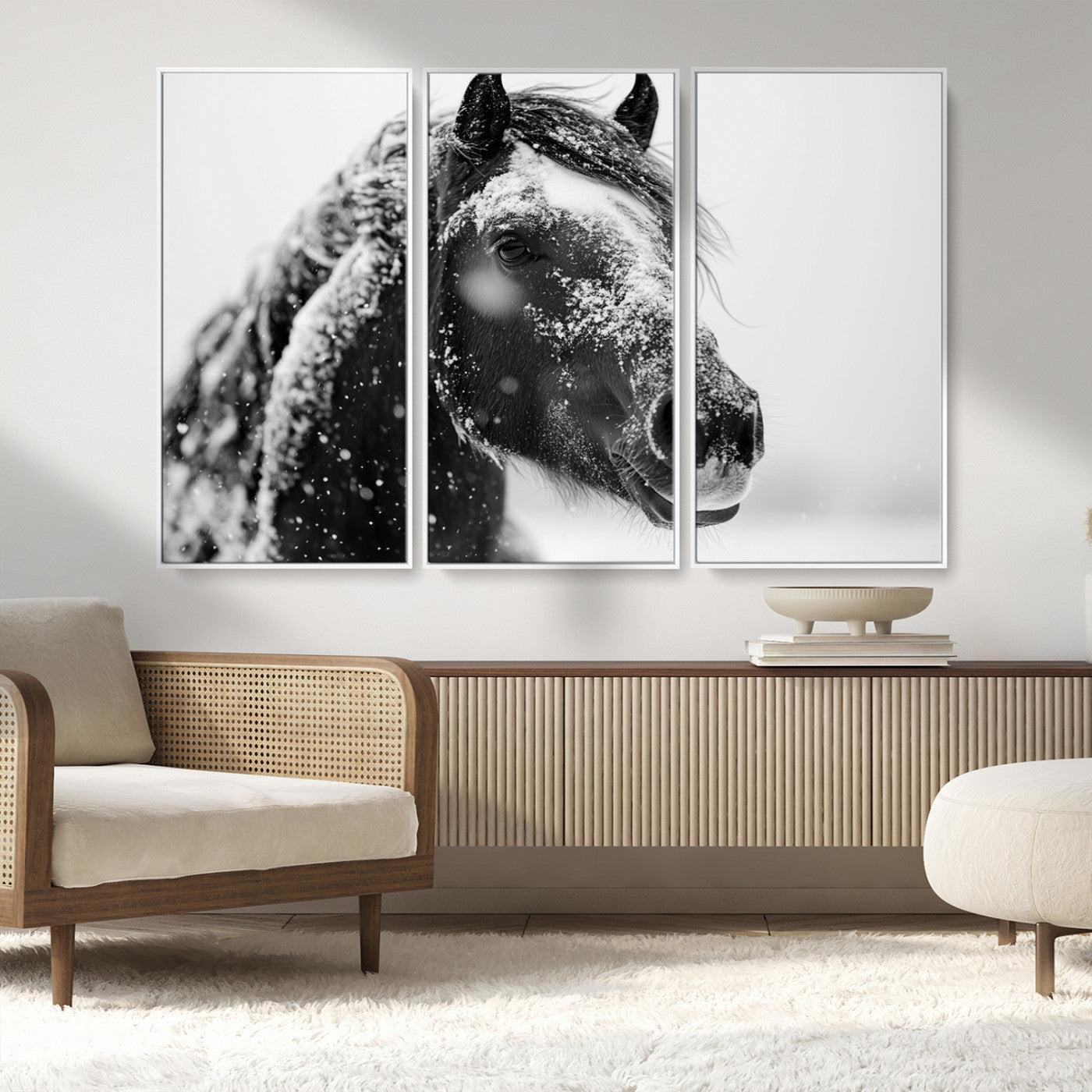 MGV-FC-48X32-3P - Winter Horse Canvas Print | Large 3-Panel Black White Equine Photography for Rustic Farmhouse Wall
