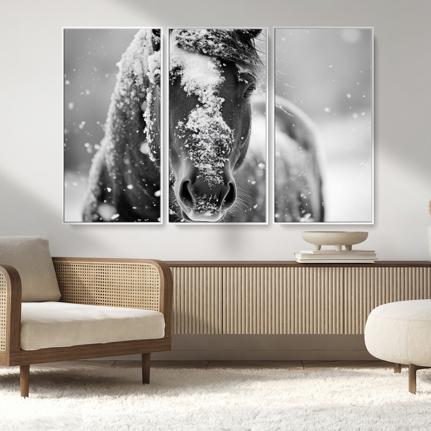 MGV-FC-48X32-3P - Black and White Horse Winter Wall Art | Ready to Hang and Framed | Farmhouse Wall Decor | Western