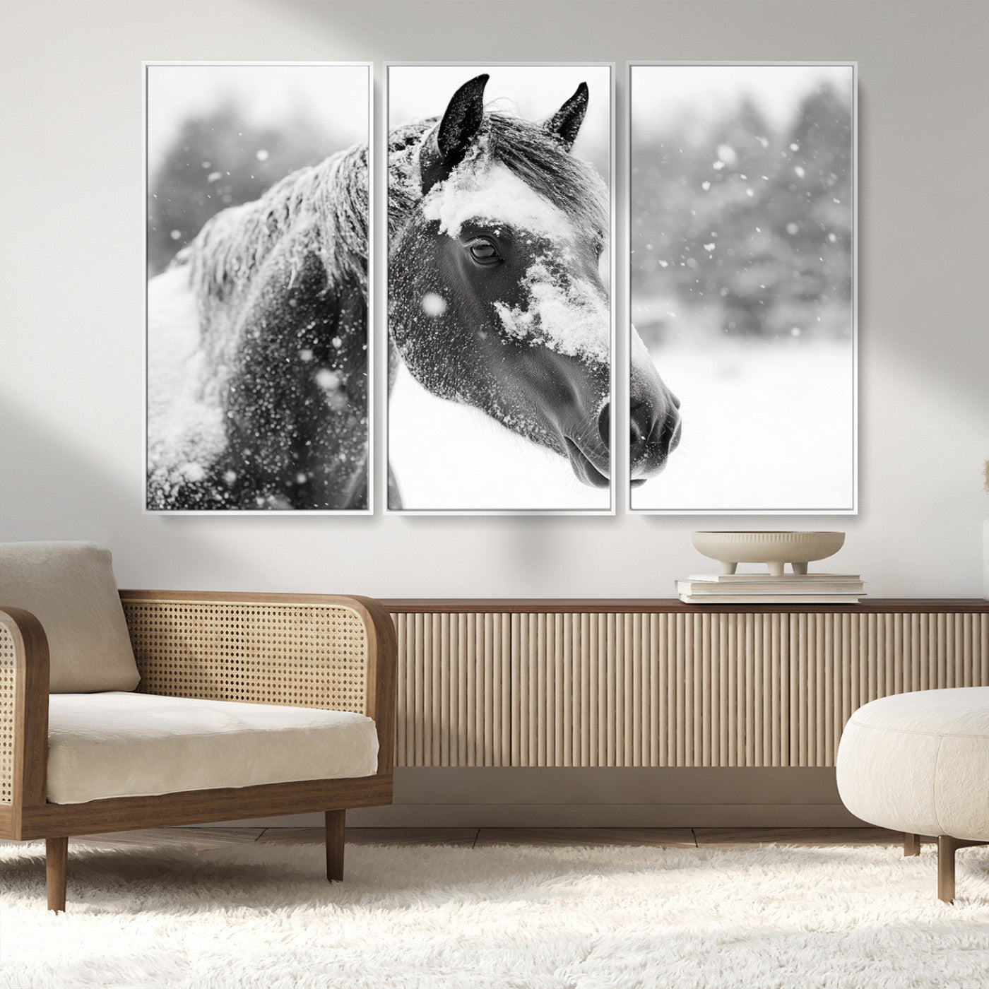 MGV-FC-48X32-3P - Black Horse Winter Wall Art | Ready to Hang and Framed | Farmhouse and Western Wall Decor for Living