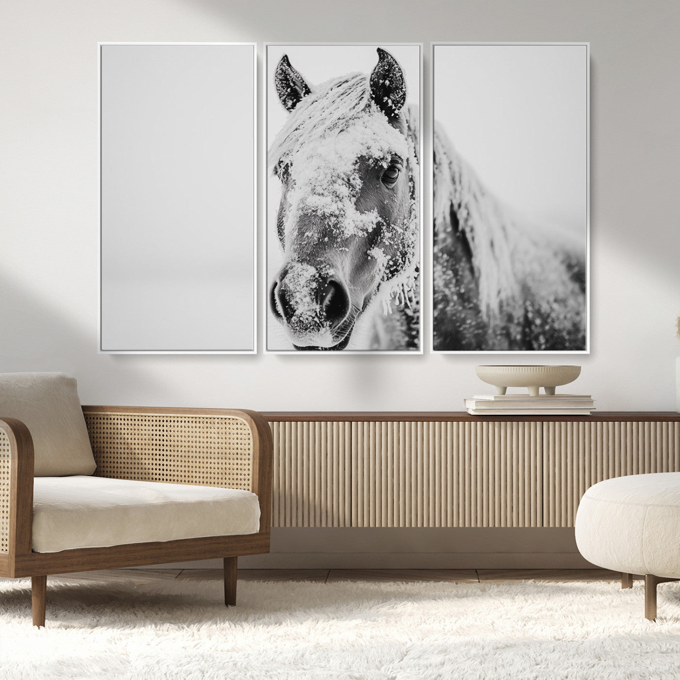 MGV-FC-48X32-3P - White Horse Wall Art | Ready to Hang and Framed | Winter Horse Wall Art Print for Farmhouse and
