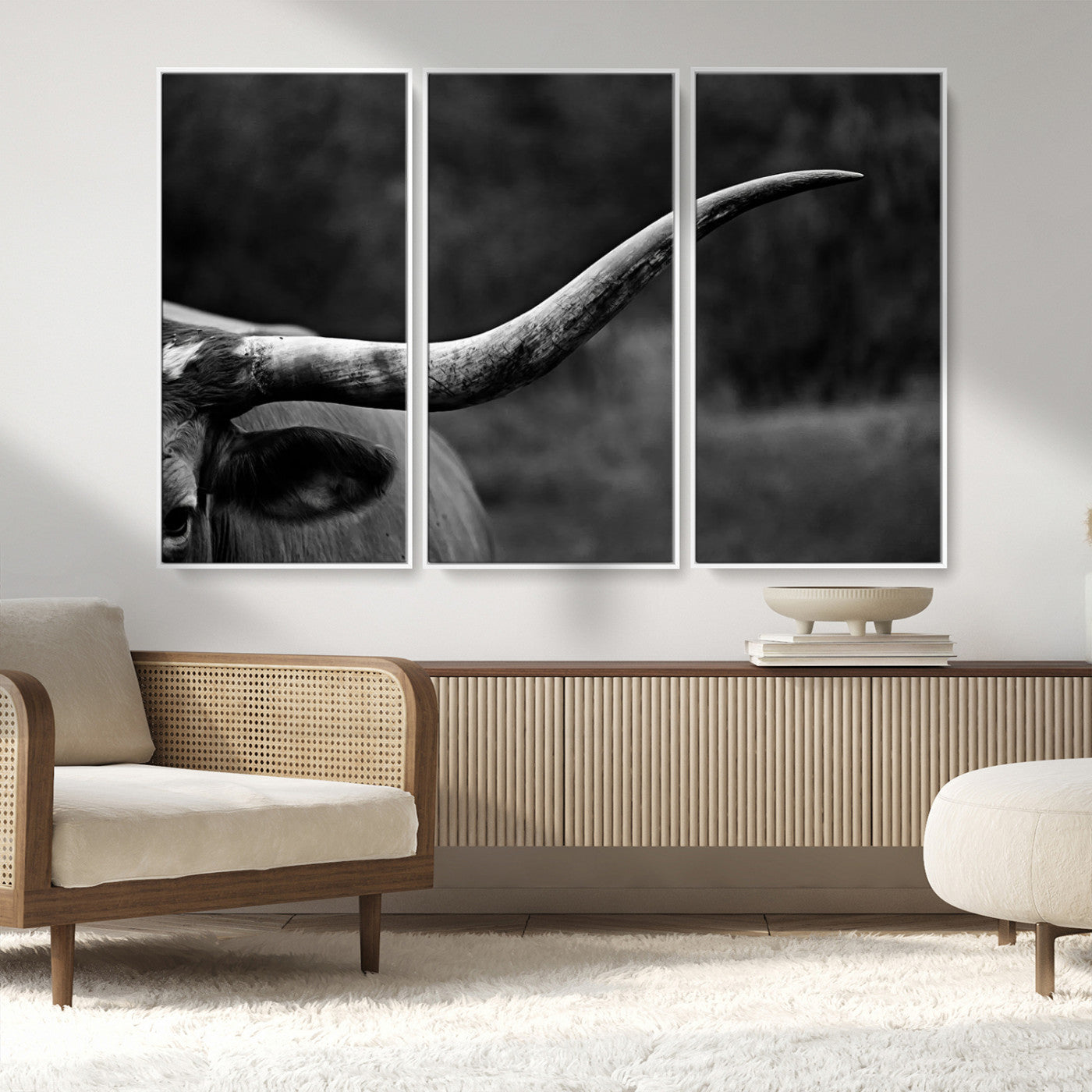 MGV-FC-48X32-3P - Cow Longhorn Wall Art | Black and White Print | Ready to Hang and Framed | Farmhouse Wall Decor |
