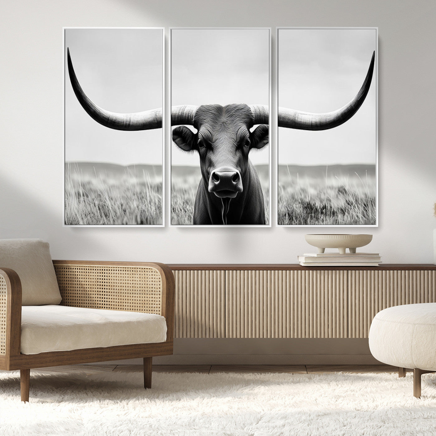 73780-MGV-FC-48X32-3P_White-Longhorn Bull Canvas Print | Rustic Farmhouse Wall Art | Western Decor | Ready to Hang and Framed
