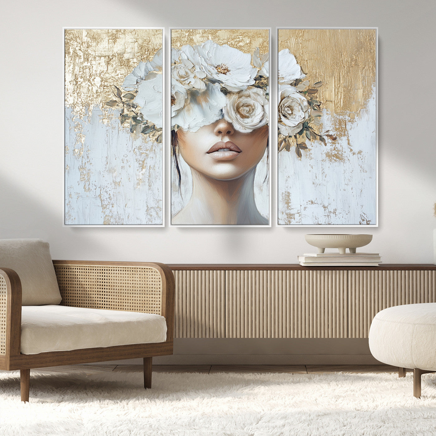 MGV-FC-48X32-3P - Golden Petal Wall Art - Canvas Print Flower Head Woman Painting Floral Woman Portrait Wall Decor,