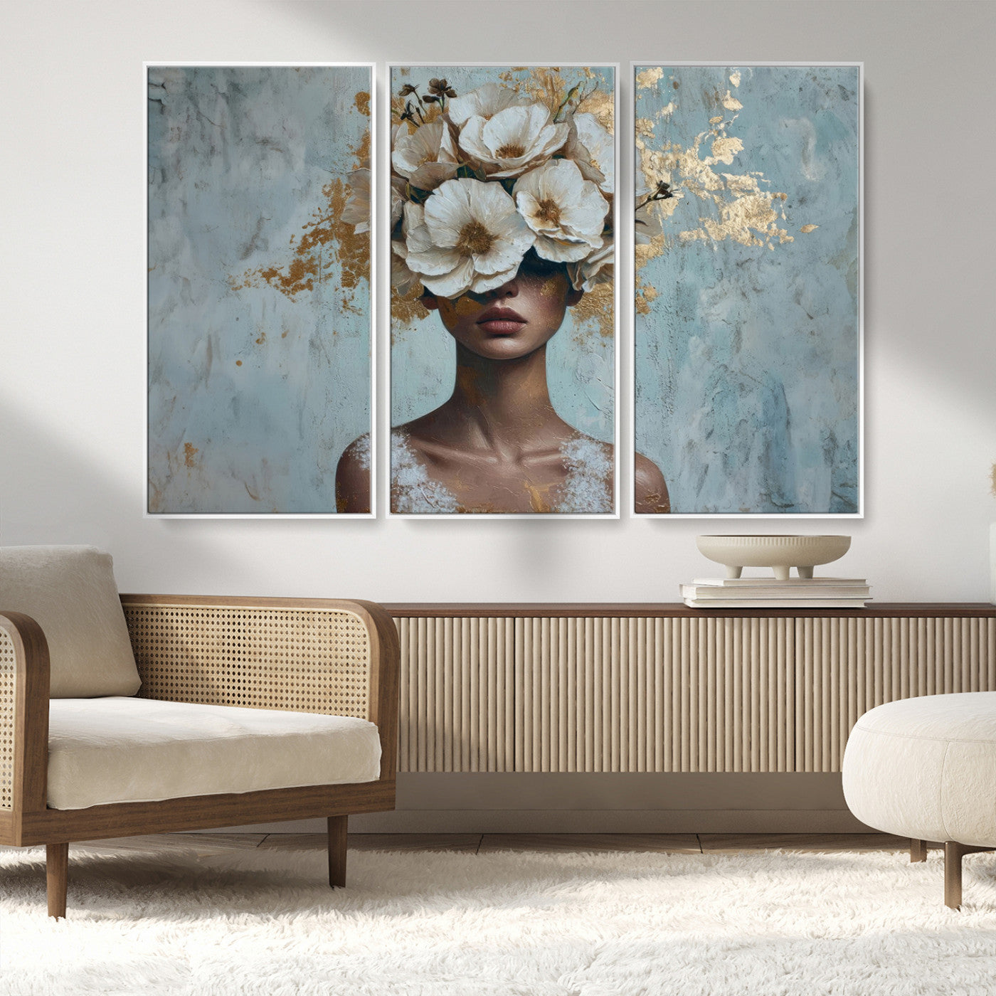 MGV-FC-48X32-3P - Golden Petal Wall Art - Petal Silhouette Woman Wall Art Canvas Print | Large 3-Panel Canvas with