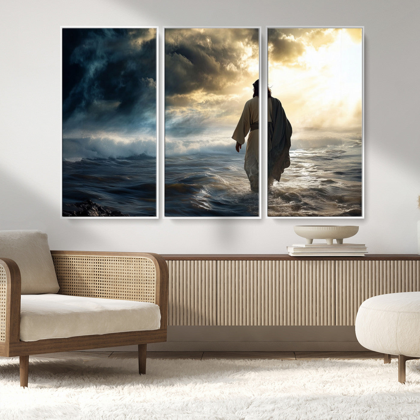 MGV-FC-48X32-3P - Jesus Walking on Water Wall Art | Canvas Print | Ready to Hang | Christian Home Decor | Spiritual