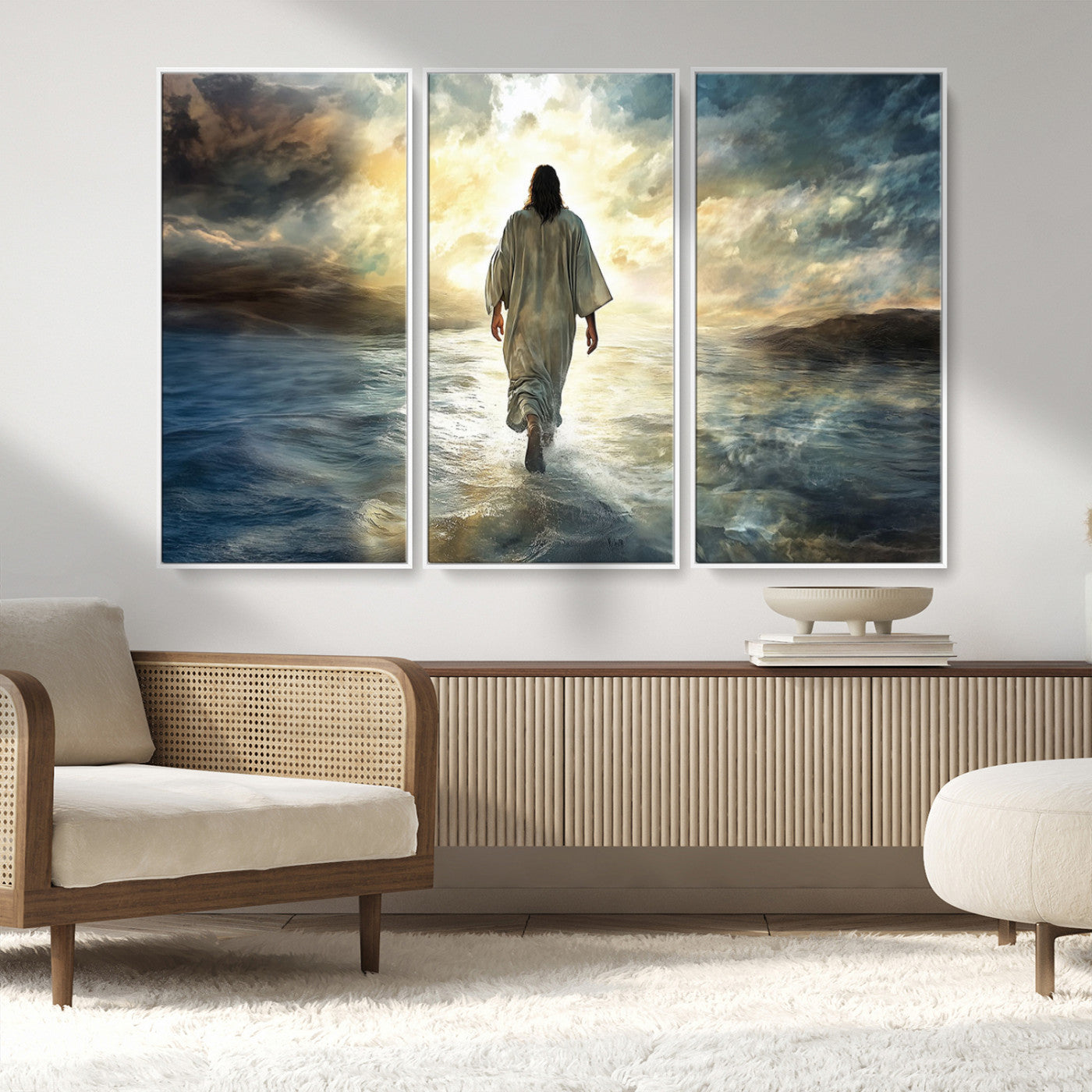 MGV-FC-48X32-3P - Jesus Walking on Water Wall Art | Canvas Print | Ready to Hang | Christian Home Decor | Spiritual