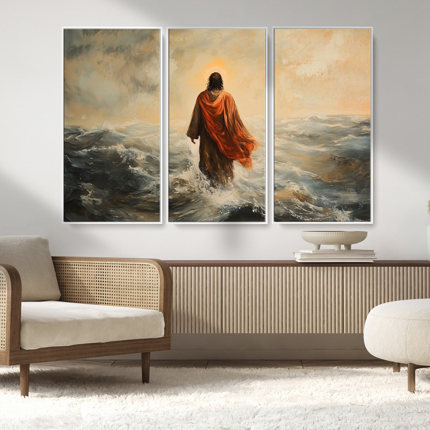 MGV-FC-48X32-3P - Jesus Walking on Water, Christian Wall Art, Jesus Christ Walking on Oil Painting Style Print