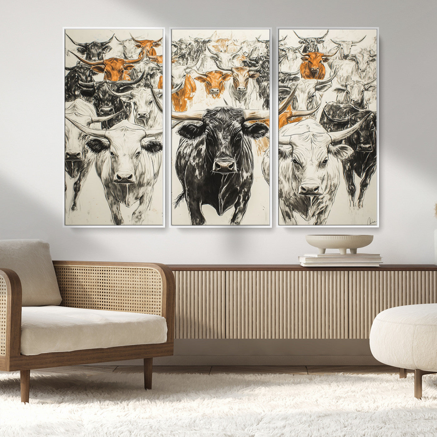 MGV-FC-48X32-3P - Texas Longhorn Wall Art - Herd Canvas Wall Art Print - Abstract Cow Drawing Wall Art Print for