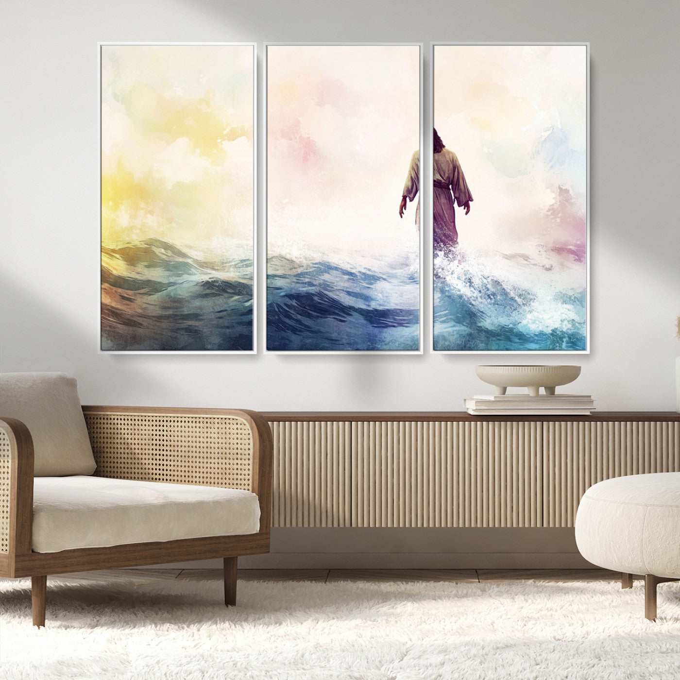 MGV-FC-48X32-3P - Watercolor Jesus Walking on Water Canvas Print, Christian Wall Art, Jesus Christ Walking