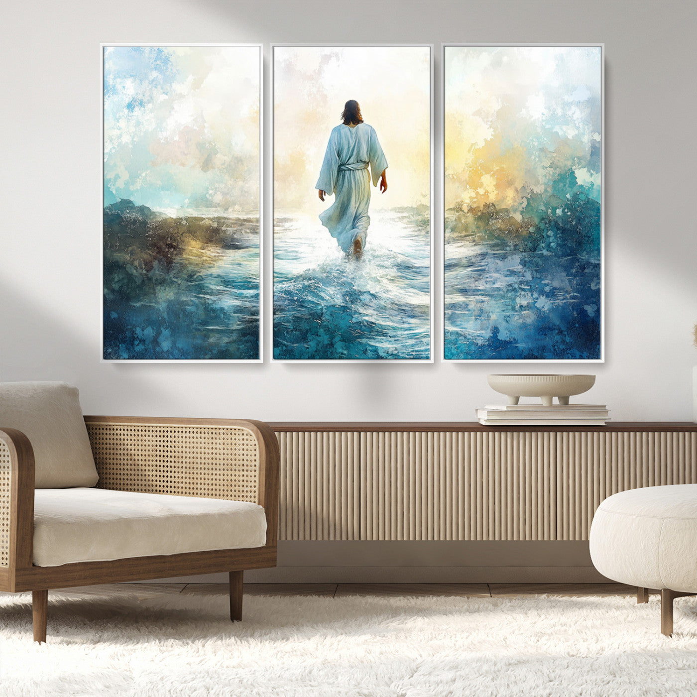 MGV-FC-48X32-3P - Watercolor Jesus Walking on Water Canvas Print, Christian Wall Art, Jesus Christ Walking