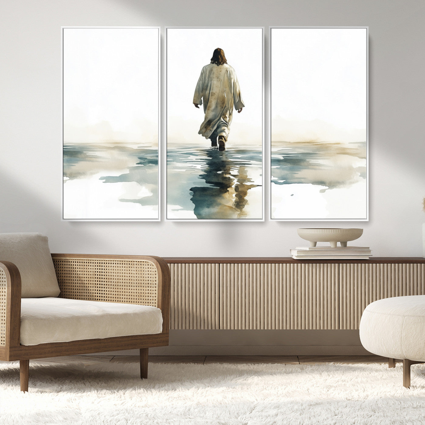 MGV-FC-48X32-3P - Watercolor Jesus Walking on Water Canvas Print, Christian Wall Art, Jesus Christ Walking