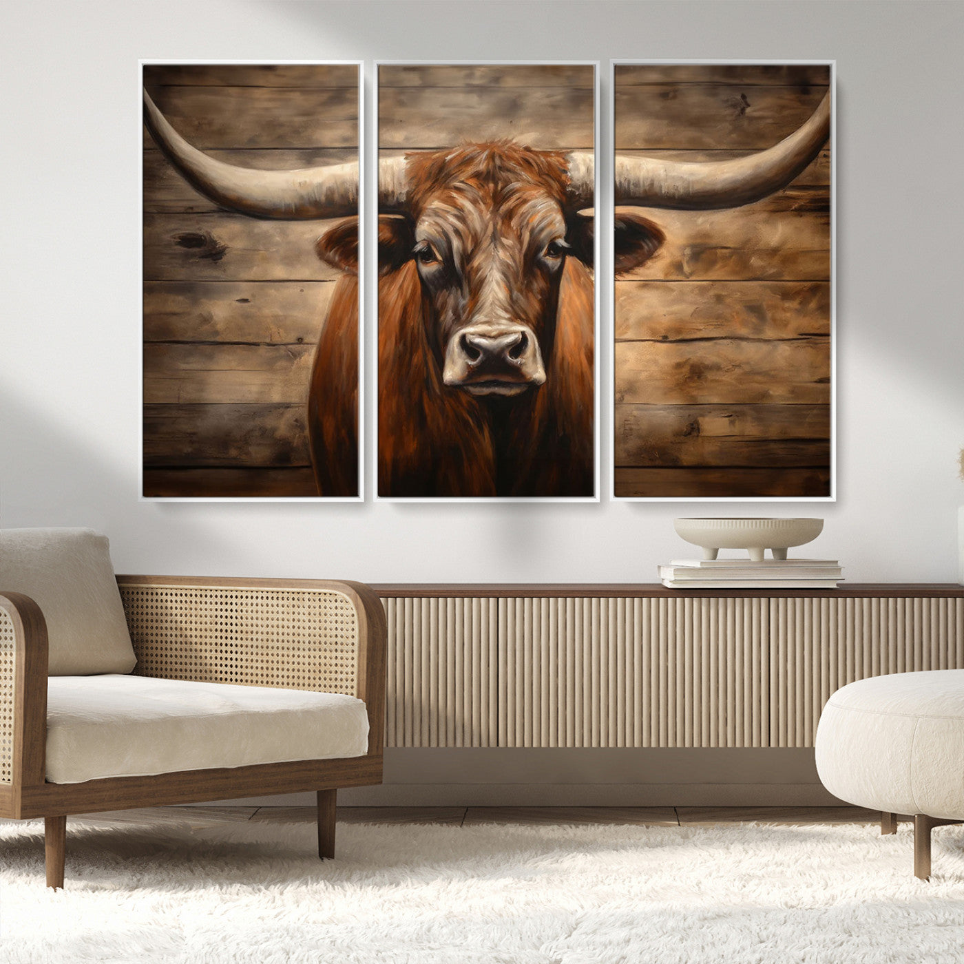 77556-MGV-FC-48X32-3P_White-Longhorn Bull Wall Art | Canvas Print | Ready to Hang | Rustic Farmhouse Wall Decor | Western Barn