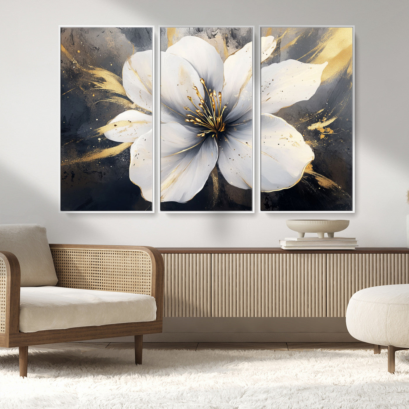 MGV-FC-48X32-3P - White Flower Wall Art Canvas Print | Ready to Hang | Abstract Floral Wall Decor | Elegant Bloom